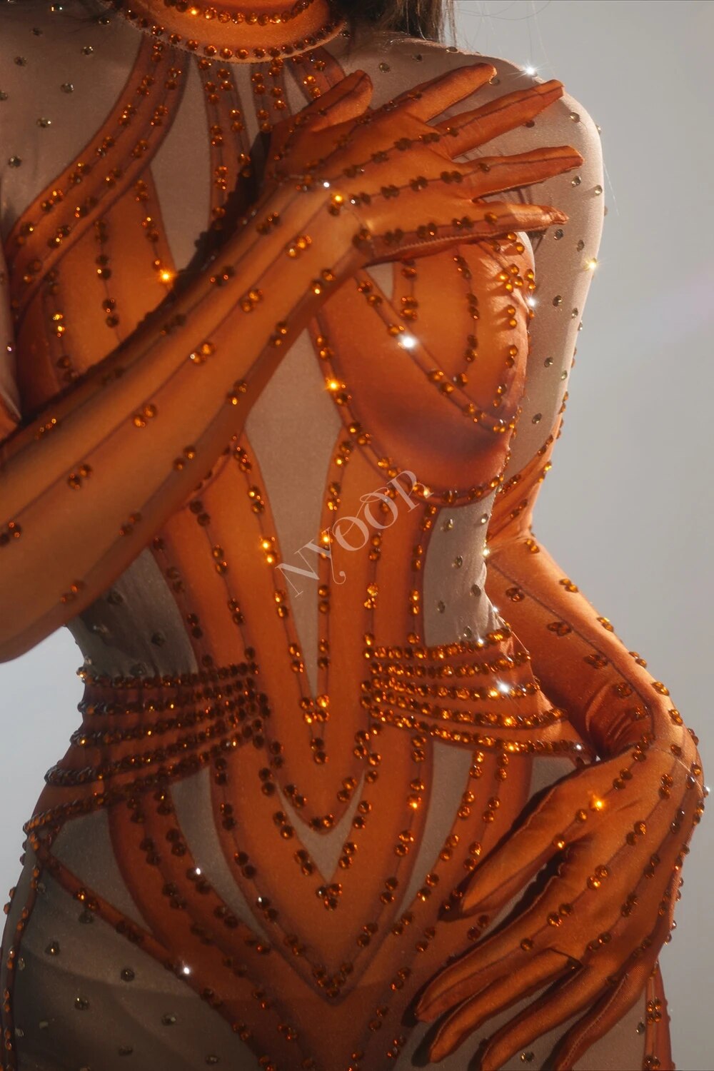 Sparkly Rhinestones Jumpsuit Long Sleeve Gloves for Women Sexy Performance Pole Dancing Costume Party Birthday Outfit Stage Wear