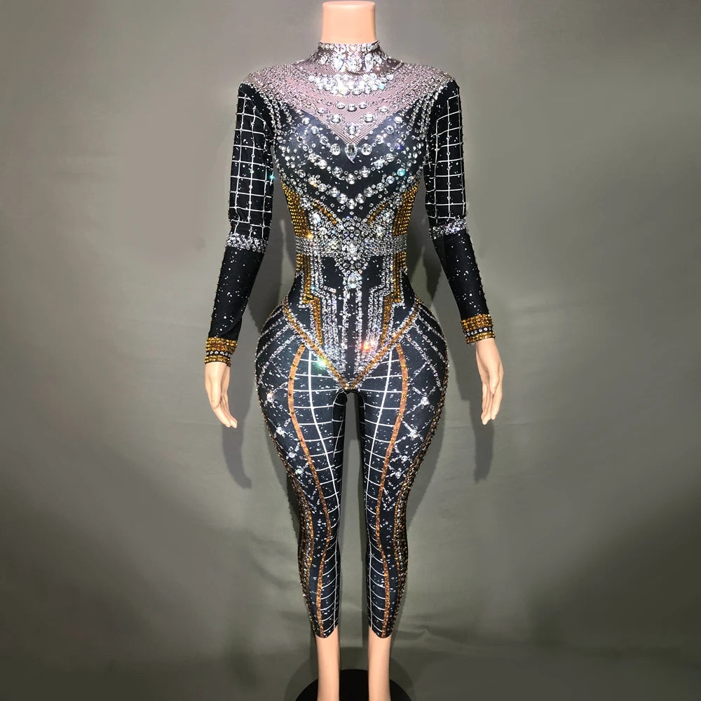 Sparkly Rhinestones Jumpsuit Women Long Sleeve Spandex Nightclub Prom Party Outfit Singer Dance Performance Costume Stage Wear