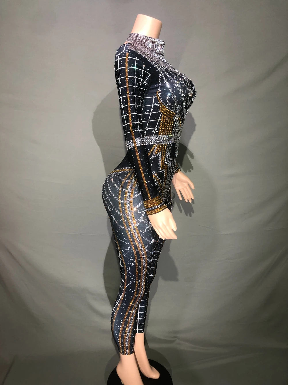 Sparkly Rhinestones Jumpsuit Women Long Sleeve Spandex Nightclub Prom Party Outfit Singer Dance Performance Costume Stage Wear