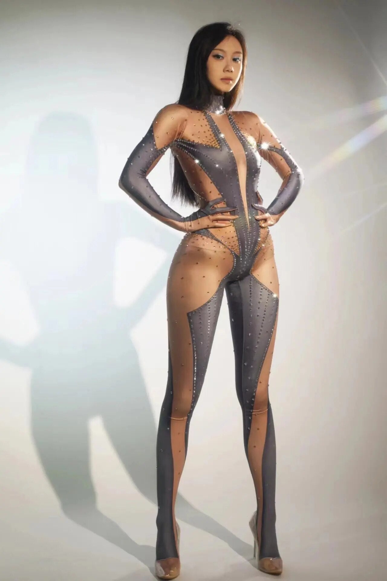 Women Shining Jumpsuit Gloves Sexy Birthday Party Nightclub Outfit Dancer Show Rompers Stage Wear Performance Costume 