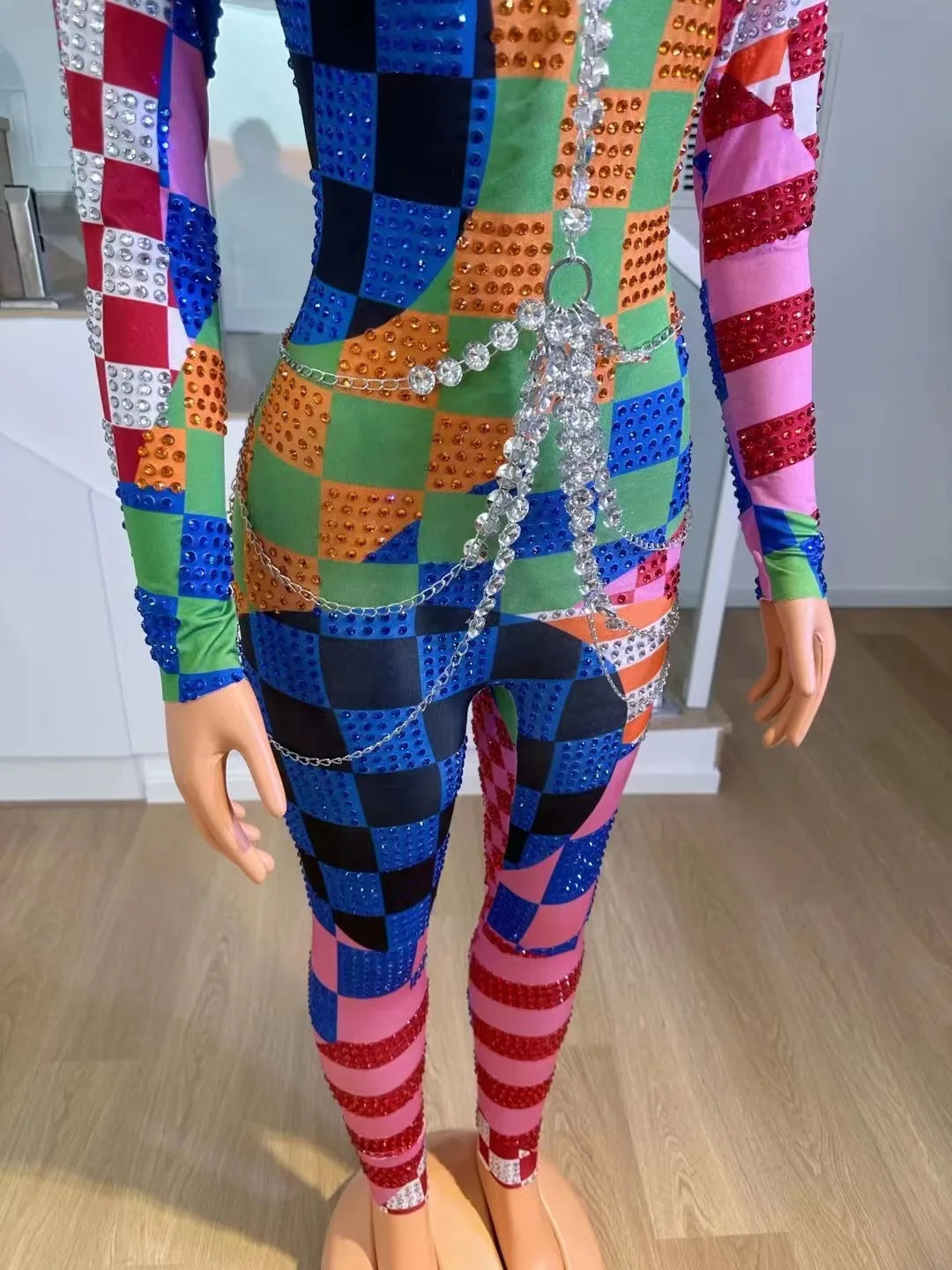 Sparkly Rhinestones Long Sleeve Jumpsuit Women Performance Costume Birthday Club Celebrate Outfit Dancer Photoshoot Wear