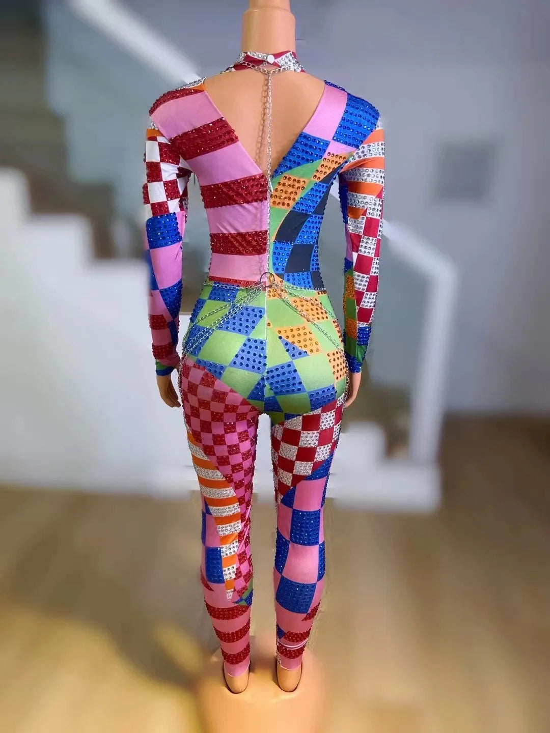 Sparkly Rhinestones Long Sleeve Jumpsuit Women Performance Costume Birthday Club Celebrate Outfit Dancer Photoshoot Wear