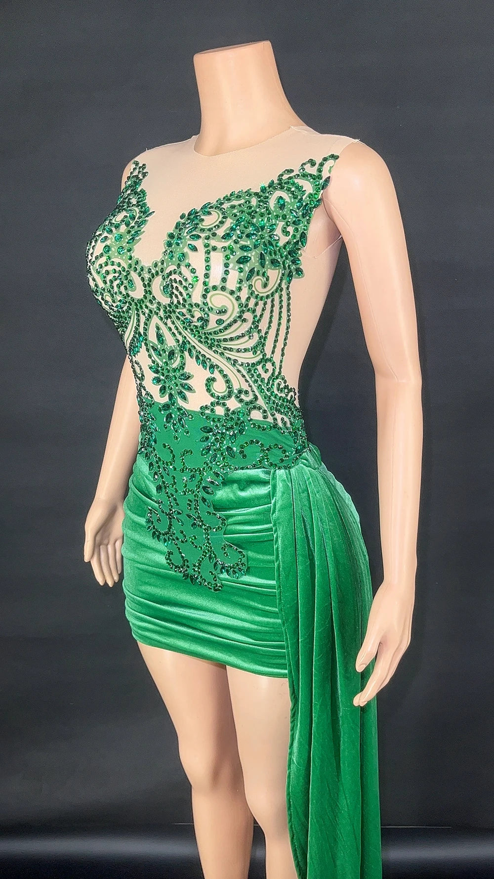 Sparkly Rhinestones Mesh Transparent Velvet Short Dress Women Birthday Party Sexy Evening Long Train DRESS Singer Stage Wear