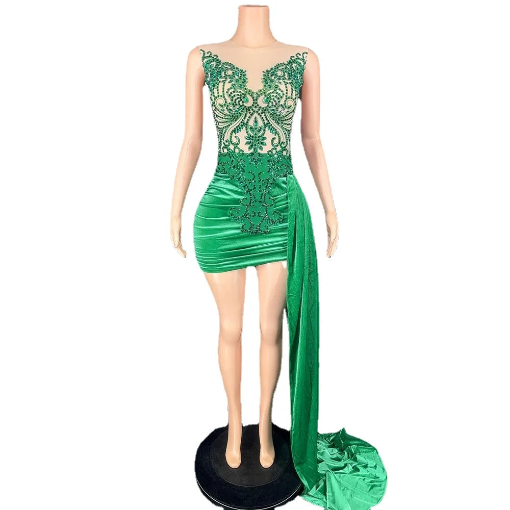 Sparkly Rhinestones Mesh Transparent Velvet Short Dress Women Birthday Party Sexy Evening Long Train DRESS Singer Stage Wear
