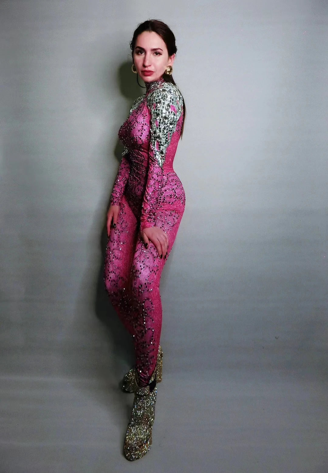 Sparkly Rhinestones Red Jumpsuit Women Sexy Stretch Pole Dance Sexy Crystal Bodysuit Birthday Outfit Party Club Leggings Meihong