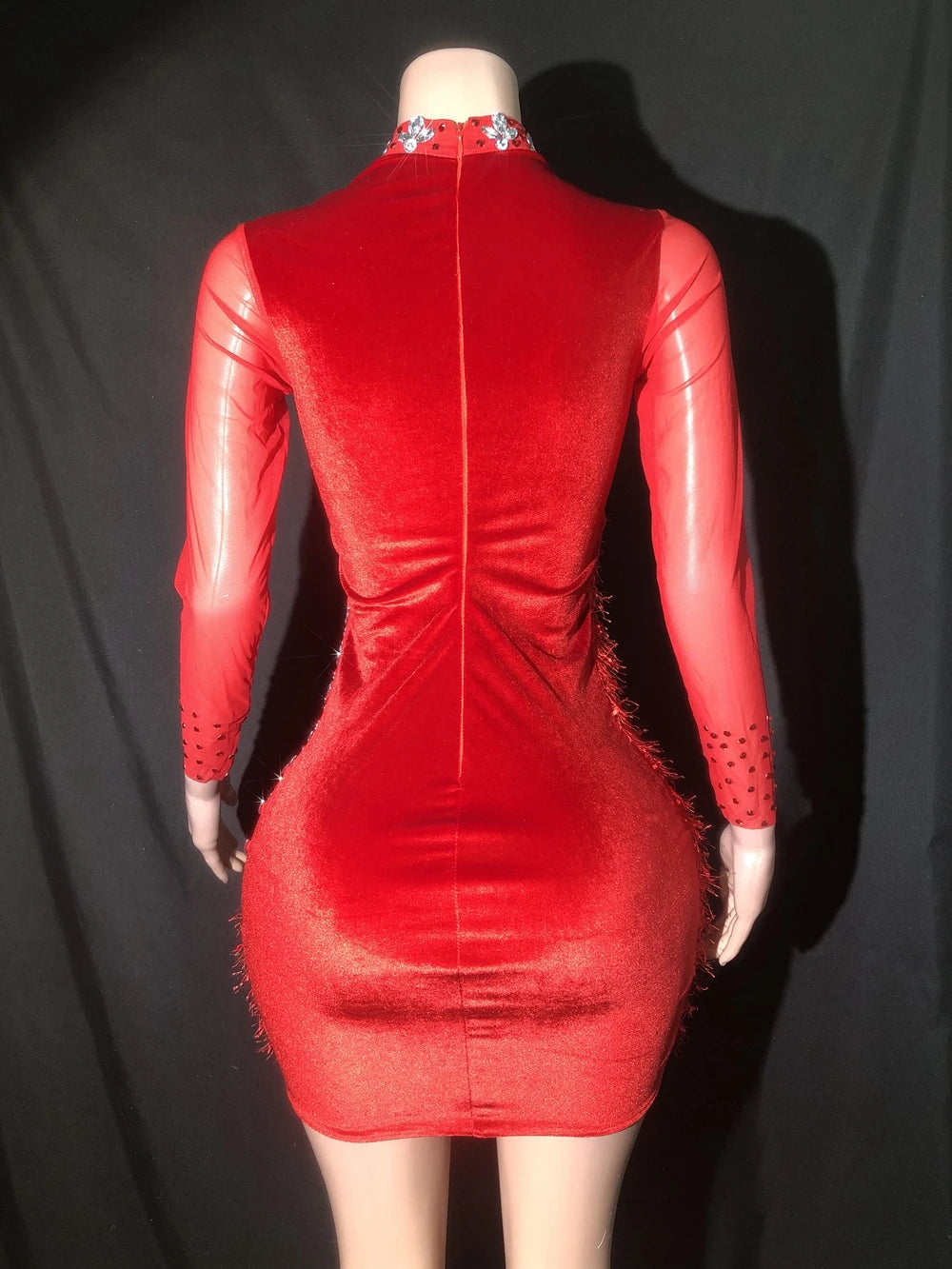 Sparkly Rhinestones Red Mesh Short Dress for Women Sexy Evening Celebrate Birthday Dress Club Outfit Show Stage Wear Photoshoot