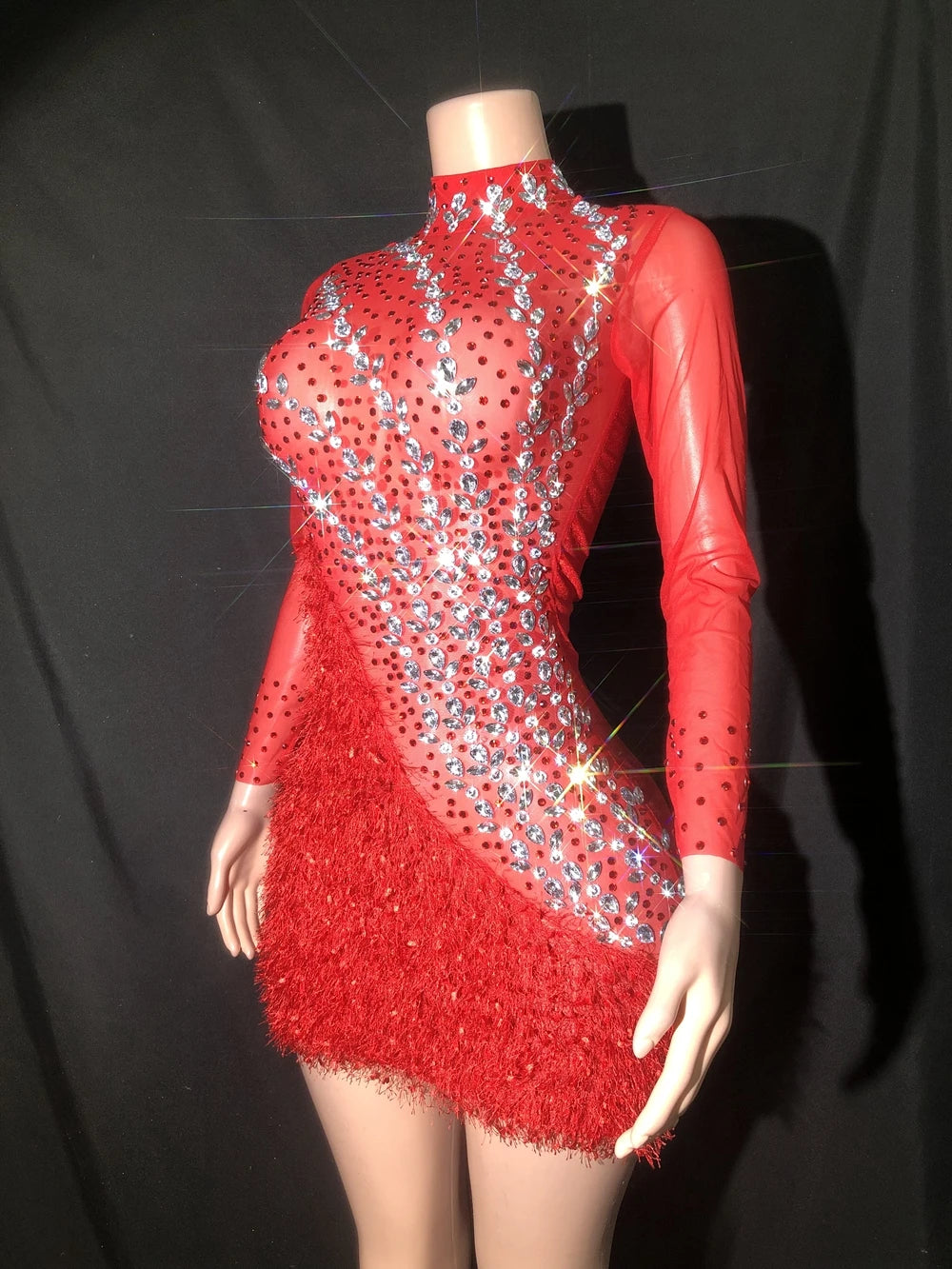 Sparkly Rhinestones Red Mesh Short Dress for Women Sexy Evening Celebrate Birthday Dress Club Outfit Show Stage Wear Photoshoot
