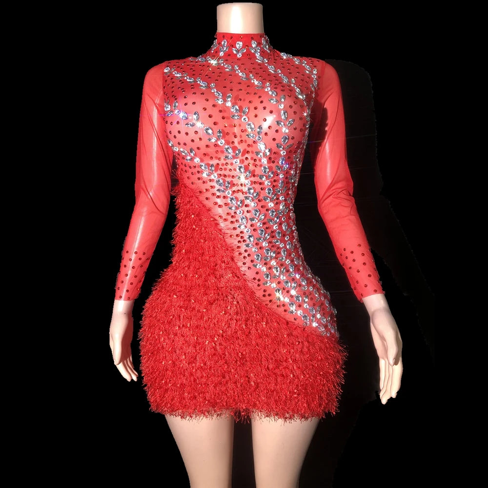 Sparkly Rhinestones Red Mesh Short Dress for Women Sexy Evening Celebrate Birthday Dress Club Outfit Show Stage Wear Photoshoot