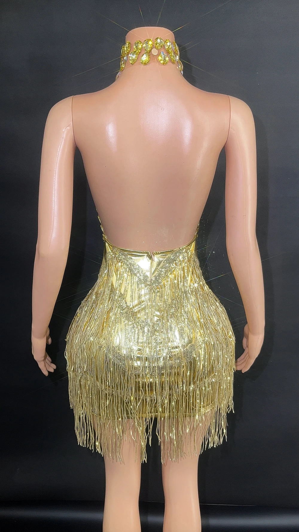 Sparkly Rhinestones Sequins Fringes Mesh Transparent Short Dress Women Sexy Hollow Celebrate Birthday Dress Stage Dance Costume