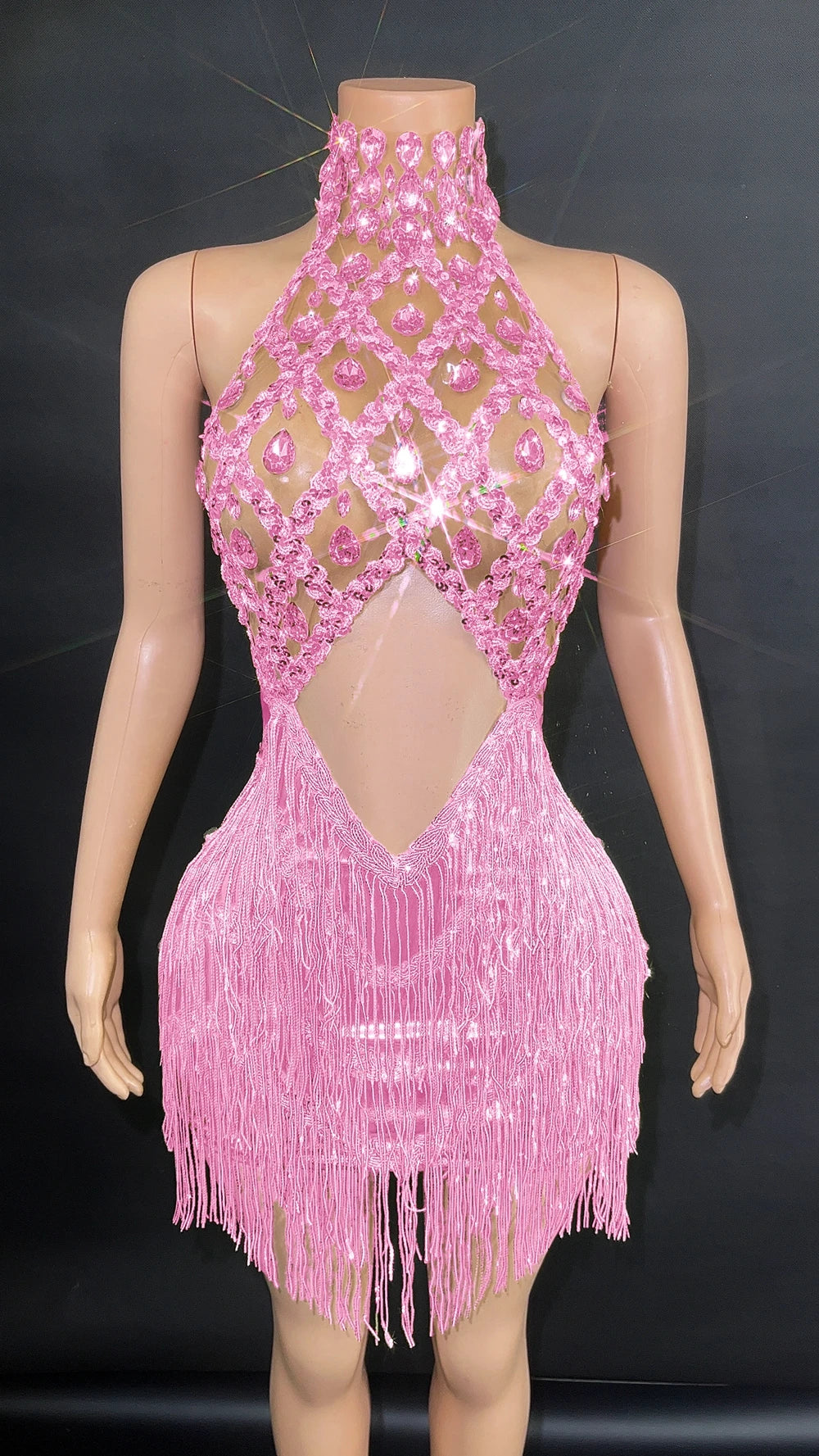 Sparkly Rhinestones Sequins Fringes Mesh Transparent Short Dress Women Sexy Hollow Celebrate Birthday Dress Stage Dance Costume