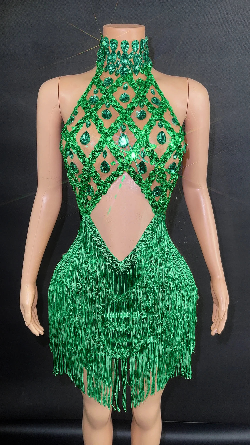 Sparkly Rhinestones Sequins Fringes Mesh Transparent Short Dress Women Sexy Hollow Celebrate Birthday Dress Stage Dance Costume