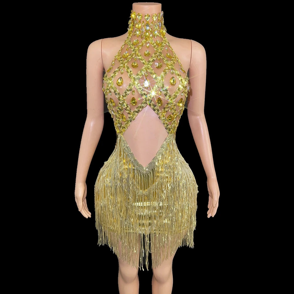 Sparkly Rhinestones Sequins Fringes Mesh Transparent Short Dress Women Sexy Hollow Celebrate Birthday Dress Stage Dance Costume