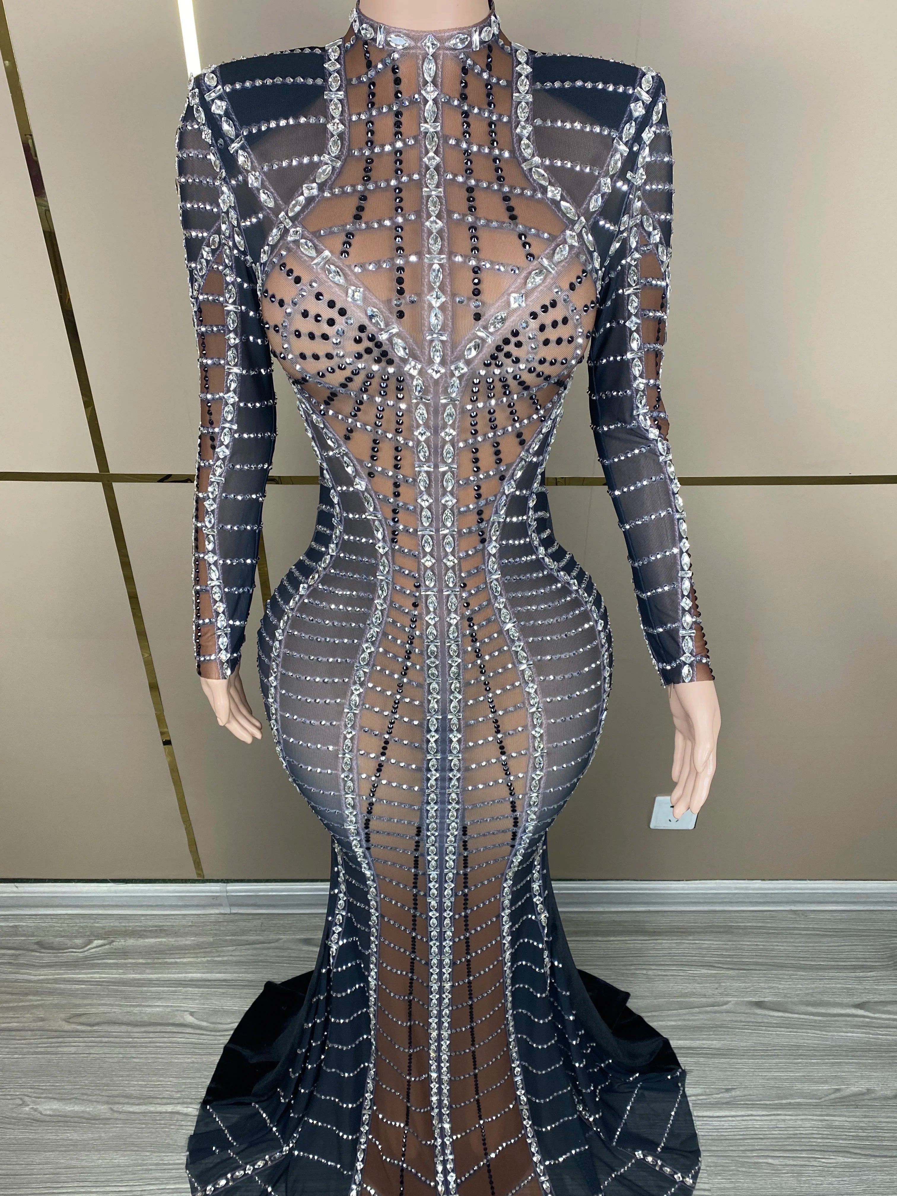 Sparkly Rhinestones Sexy Long Sleeves Back Velvet Dress luxurious Evening Brown Black Mesh Stones Costume Party Celebrate Dress