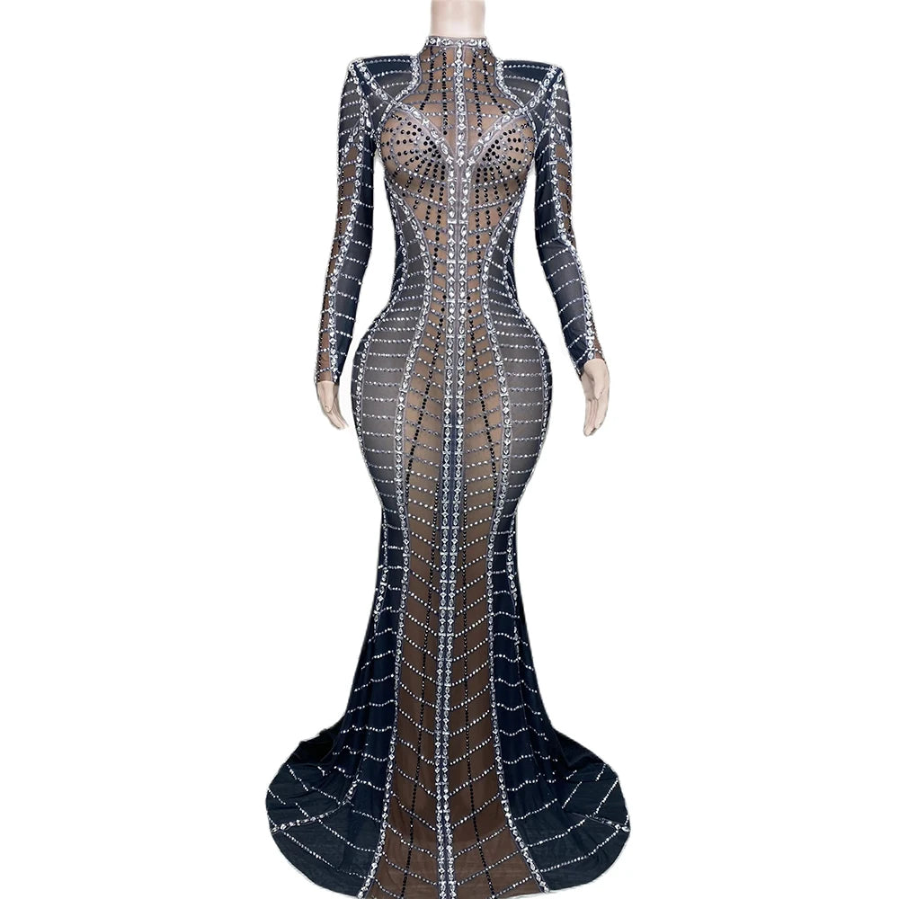 Sparkly Rhinestones Sexy Long Sleeves Back Velvet Dress luxurious Evening Brown Black Mesh Stones Costume Party Celebrate Dress