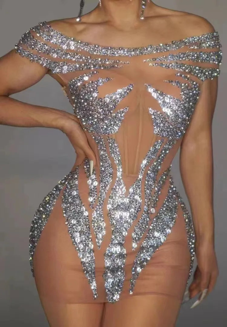 Sparkly Rhinestones Short Dress Women Sexy Stage Mesh See Through Party Celebrate Birthday Dress Photo Shoot Dress