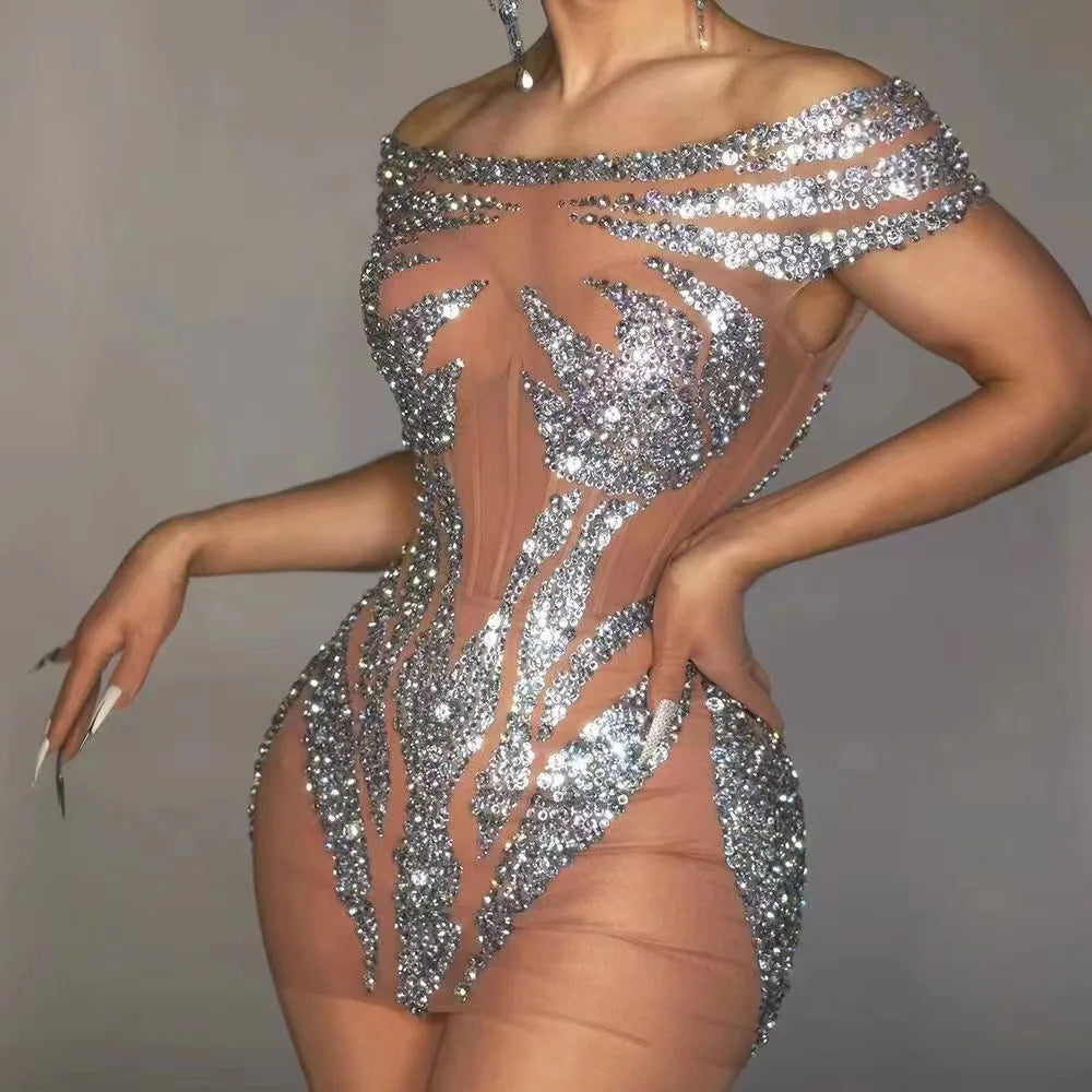 Sparkly Rhinestones Short Dress Women Sexy Stage Mesh See Through Party Celebrate Birthday Dress Photo Shoot Dress