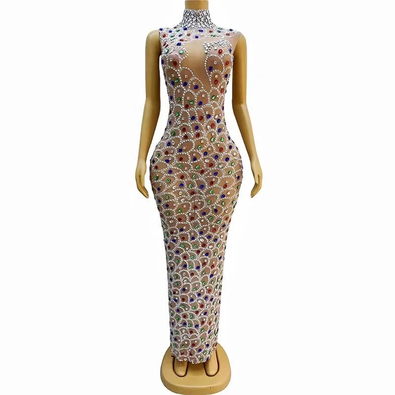 Sparkly Rhinestones Short Dress for Women Sexy Mesh Transparent Celebrate Birthday Dress Stage Wear Photo Shoot Costume