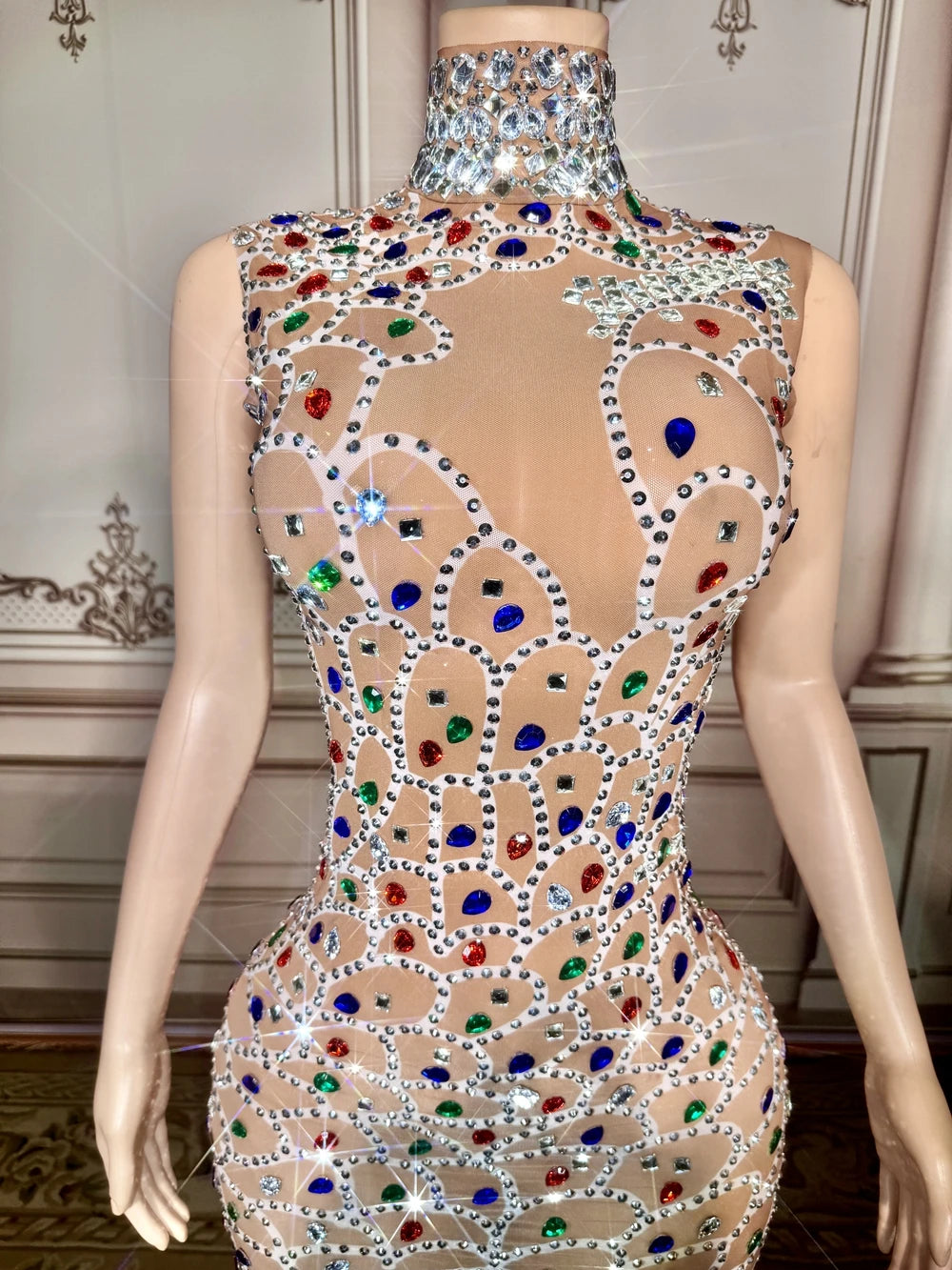 Sparkly Rhinestones Short Dress for Women Sexy Mesh Transparent Celebrate Birthday Dress Stage Wear Photo Shoot Costume