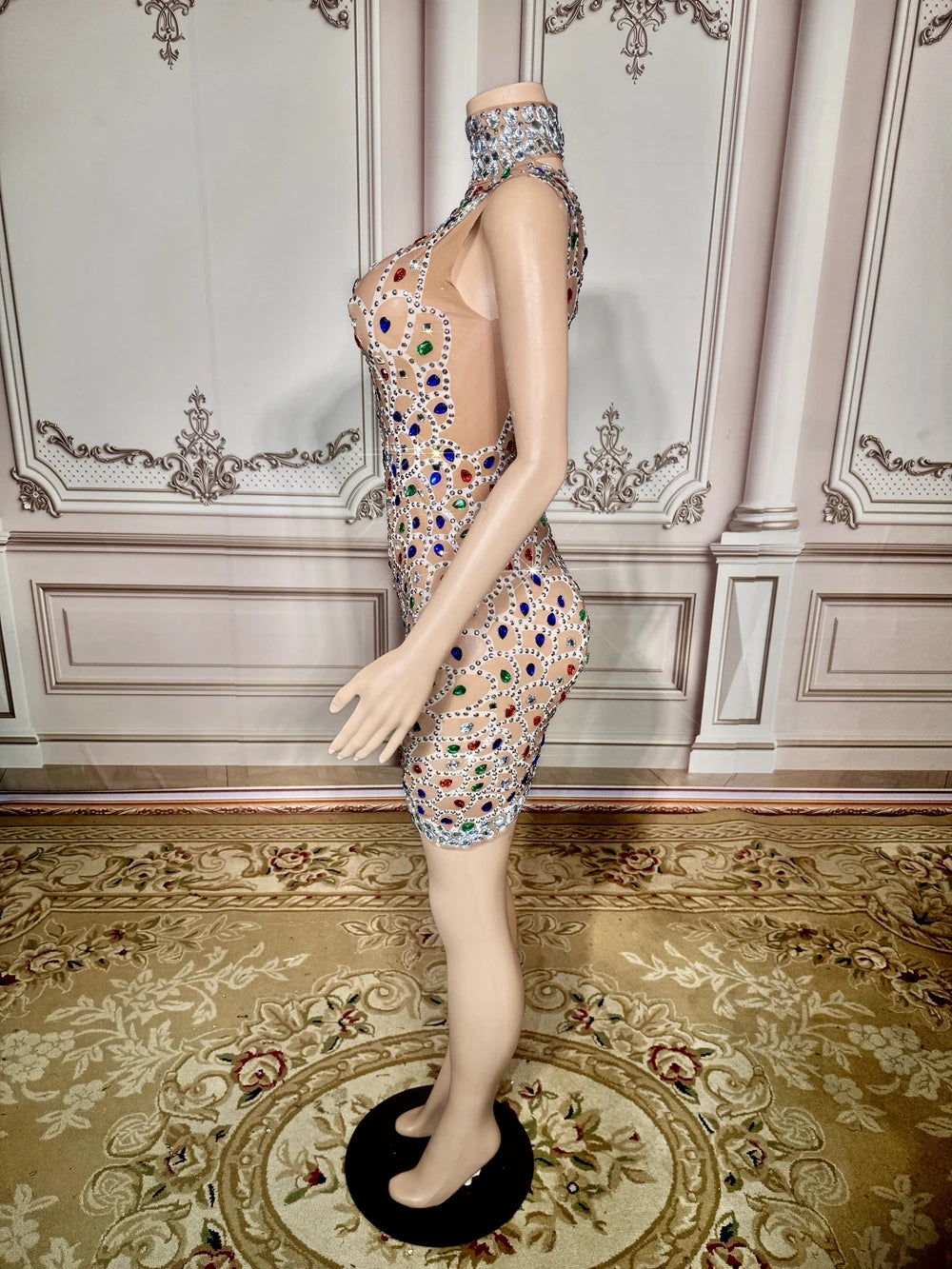 Sparkly Rhinestones Short Dress for Women Sexy Mesh Transparent Celebrate Birthday Dress Stage Wear Photo Shoot Costume