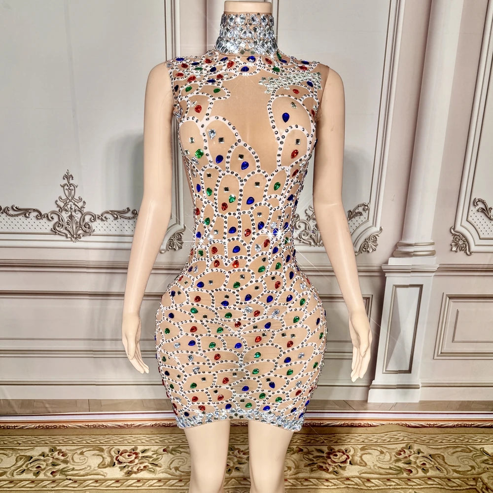Sparkly Rhinestones Short Dress for Women Sexy Mesh Transparent Celebrate Birthday Dress Stage Wear Photo Shoot Costume