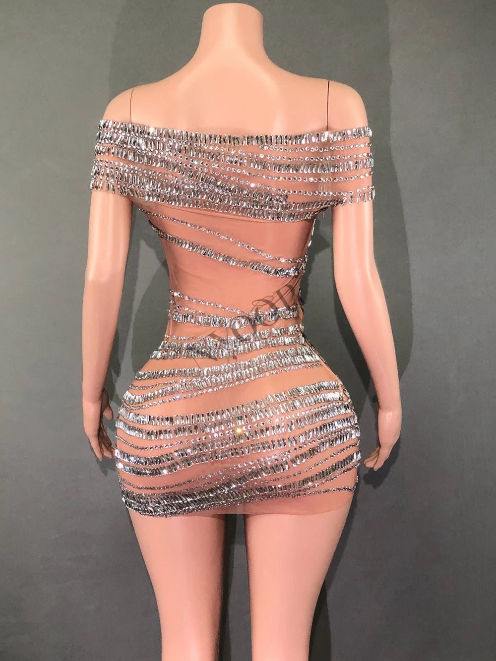 Sparkly Rhinestones Short Dress for Women Sexy Off-shoulder See Through Evening Celebrate Birthday Dress Photo Shoot Stage Wear