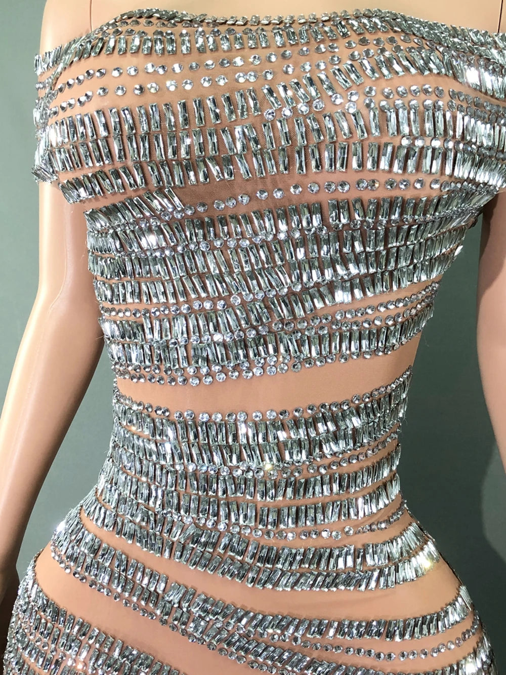 Sparkly Rhinestones Short Dress for Women Sexy Off-shoulder See Through Evening Celebrate Birthday Dress Photo Shoot Stage Wear