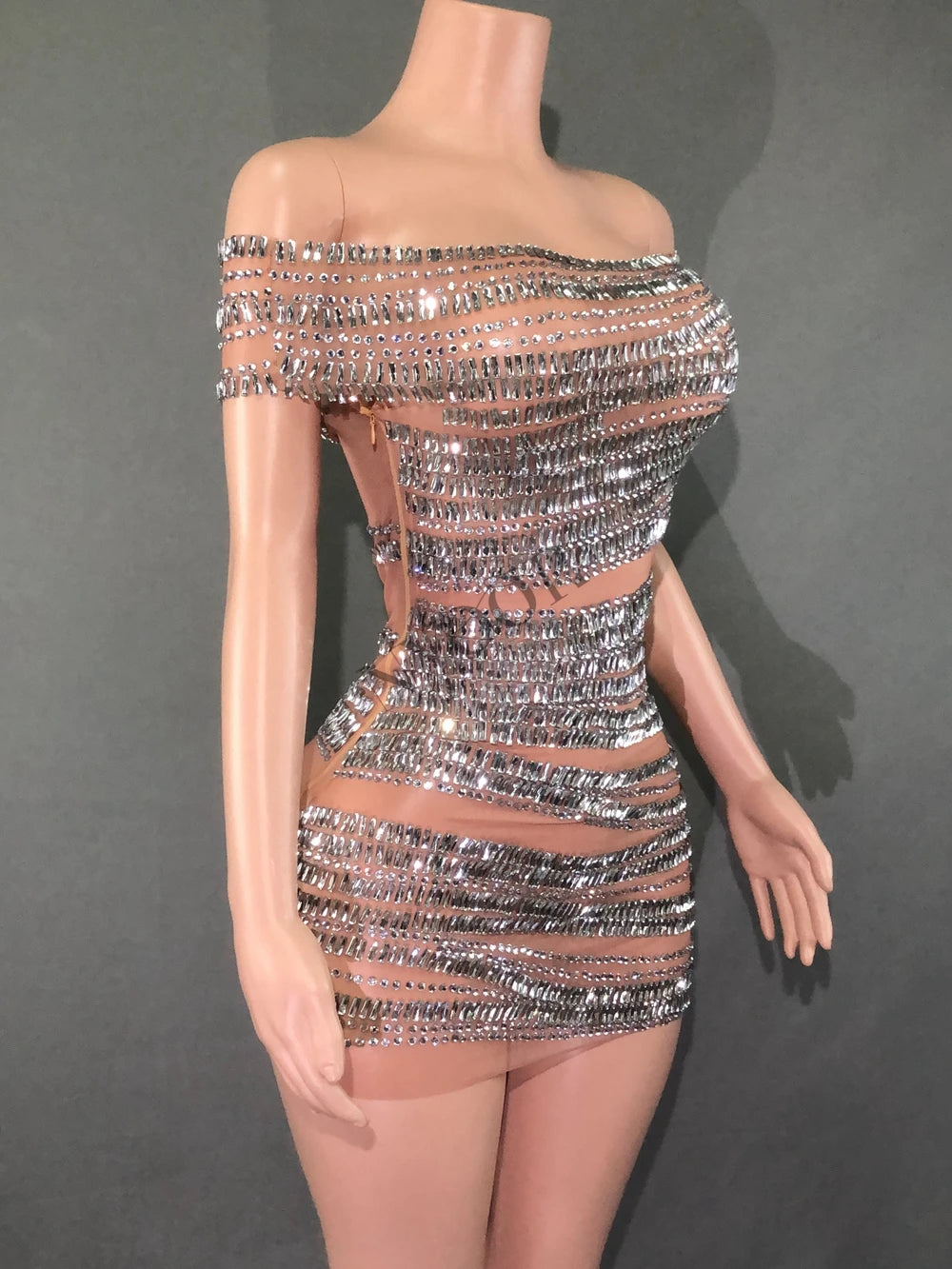 Sparkly Rhinestones Short Dress for Women Sexy Off-shoulder See Through Evening Celebrate Birthday Dress Photo Shoot Stage Wear