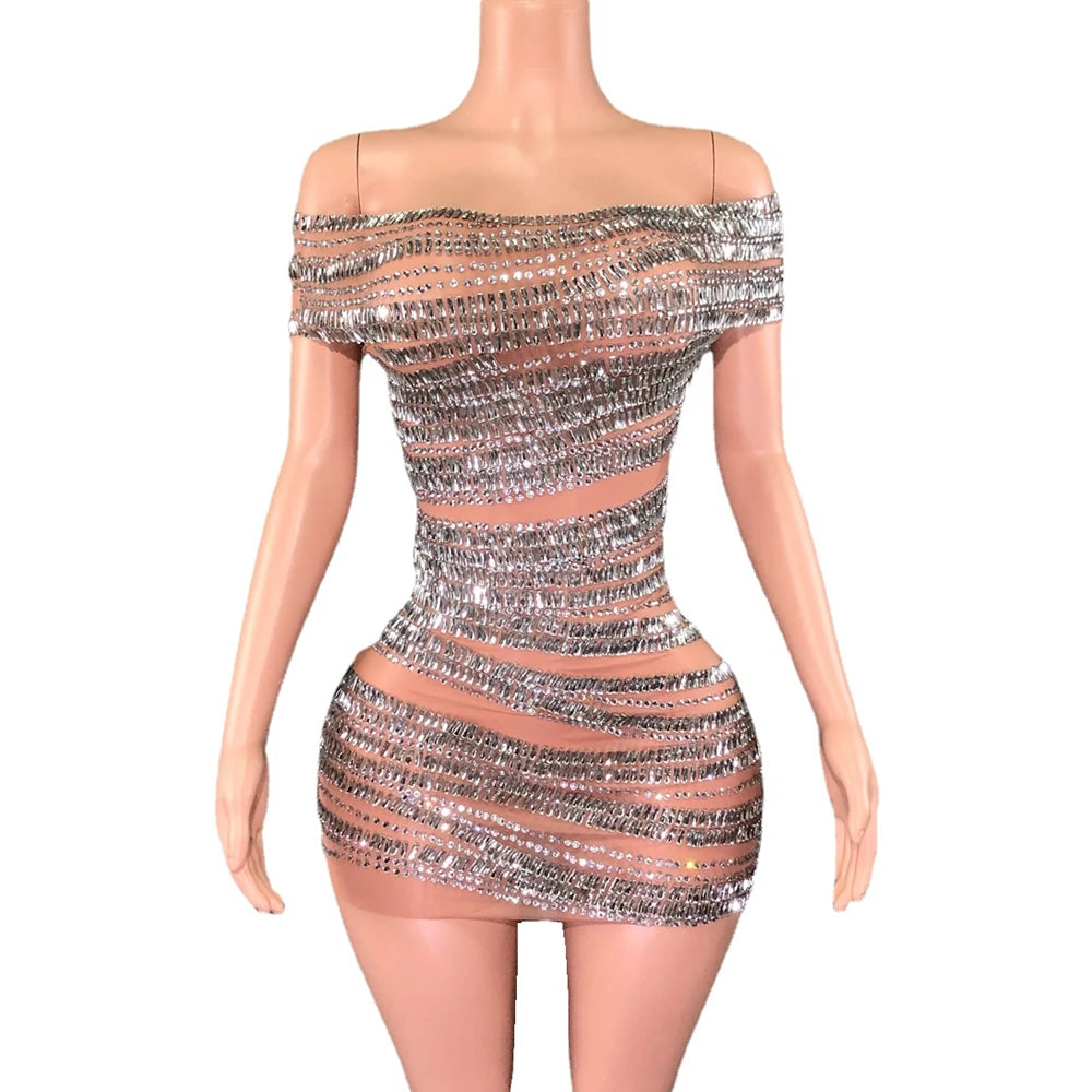 Sparkly Rhinestones Short Dress for Women Sexy Off-shoulder See Through Evening Celebrate Birthday Dress Photo Shoot Stage Wear
