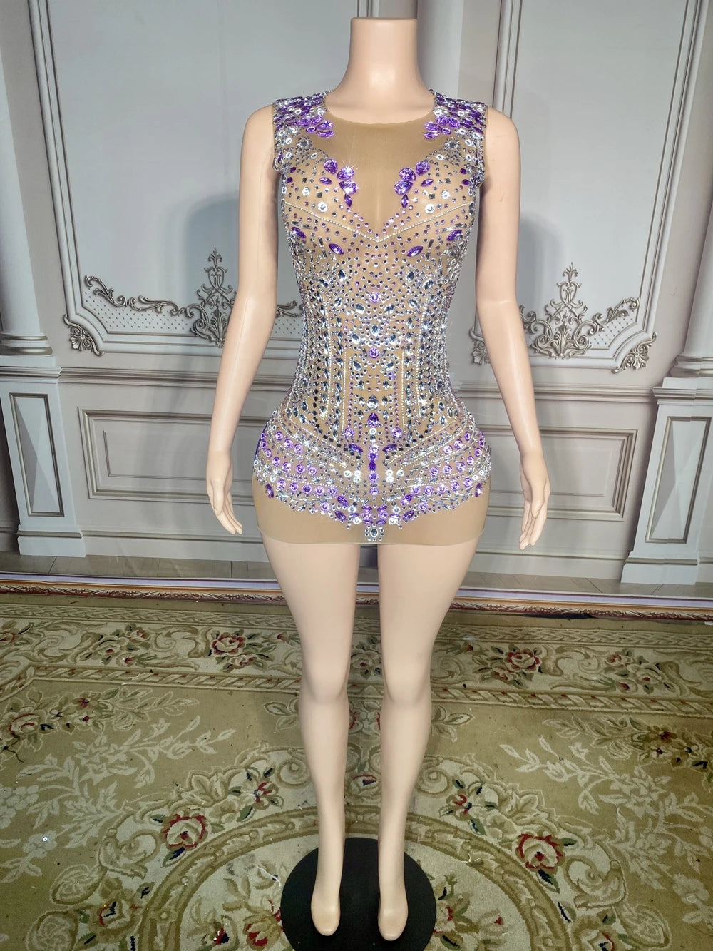 Sparkly Rhinestones Short Mini Dress Sexy Transparent Evening Celebrate Prom Party Birthday Dress Singer Show Dance Stage Wear