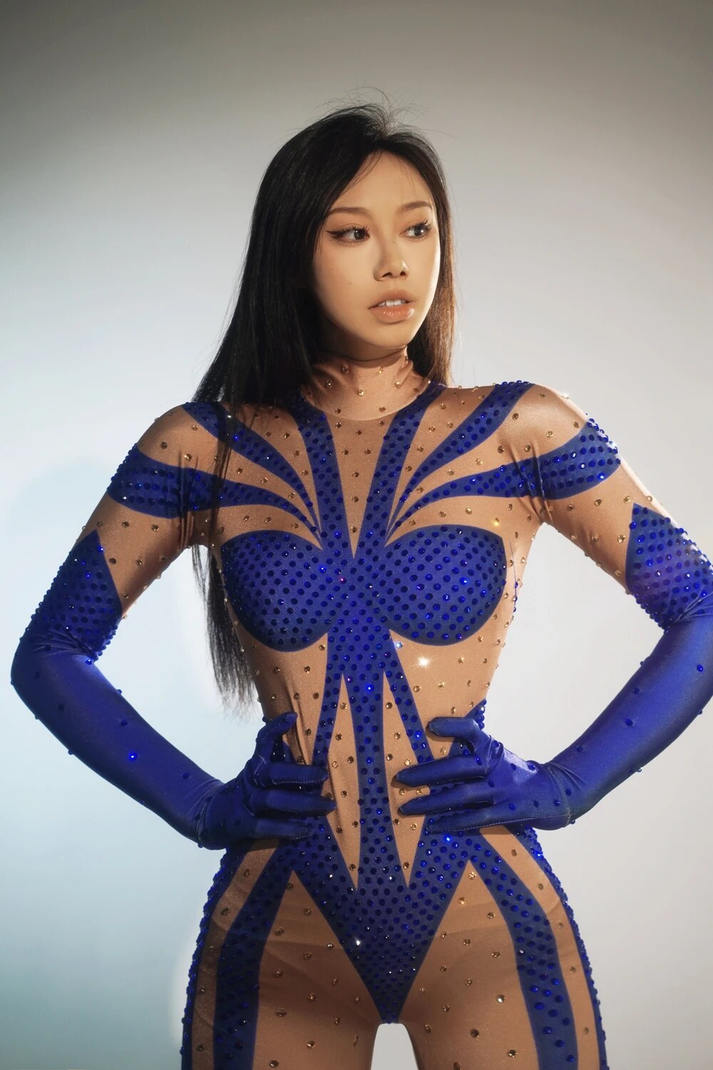 Sparkly Rhinestones Stretchy Jumpsuit Long Sleeves Gloves for Women Performance Dance Costume Party Birthday Outfit Stage Wear