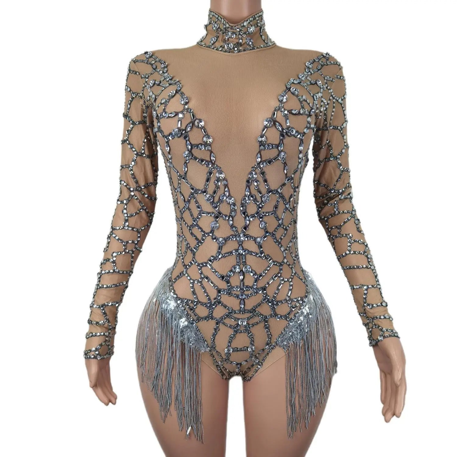 Sparkly Rhinestones Tassel Bodysuit women Sexy Nude Mesh Nightclub Show Dance Costume Pole Bar Stage Performance Wear Guilie