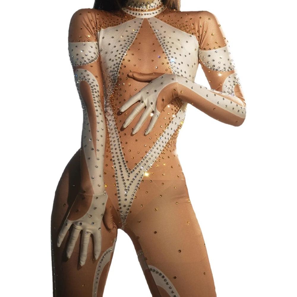 Sparkly Rhinestones Tights Jumpsuit with Gloves Women Sexy Performance Costume Dance Bodysuit Party Birthday Outfit Stage Wear