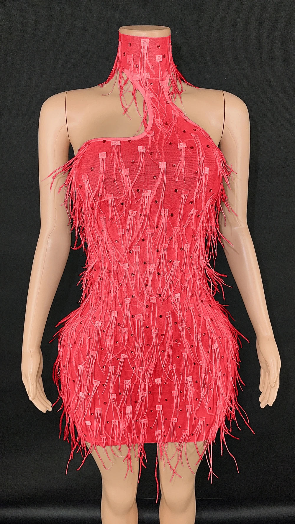 Sparkly Rhinestones White Ostrich Feathers Short Dress Women Sexy Mesh Transparent Celebrate Wedding Birthday Dress Stage Wear