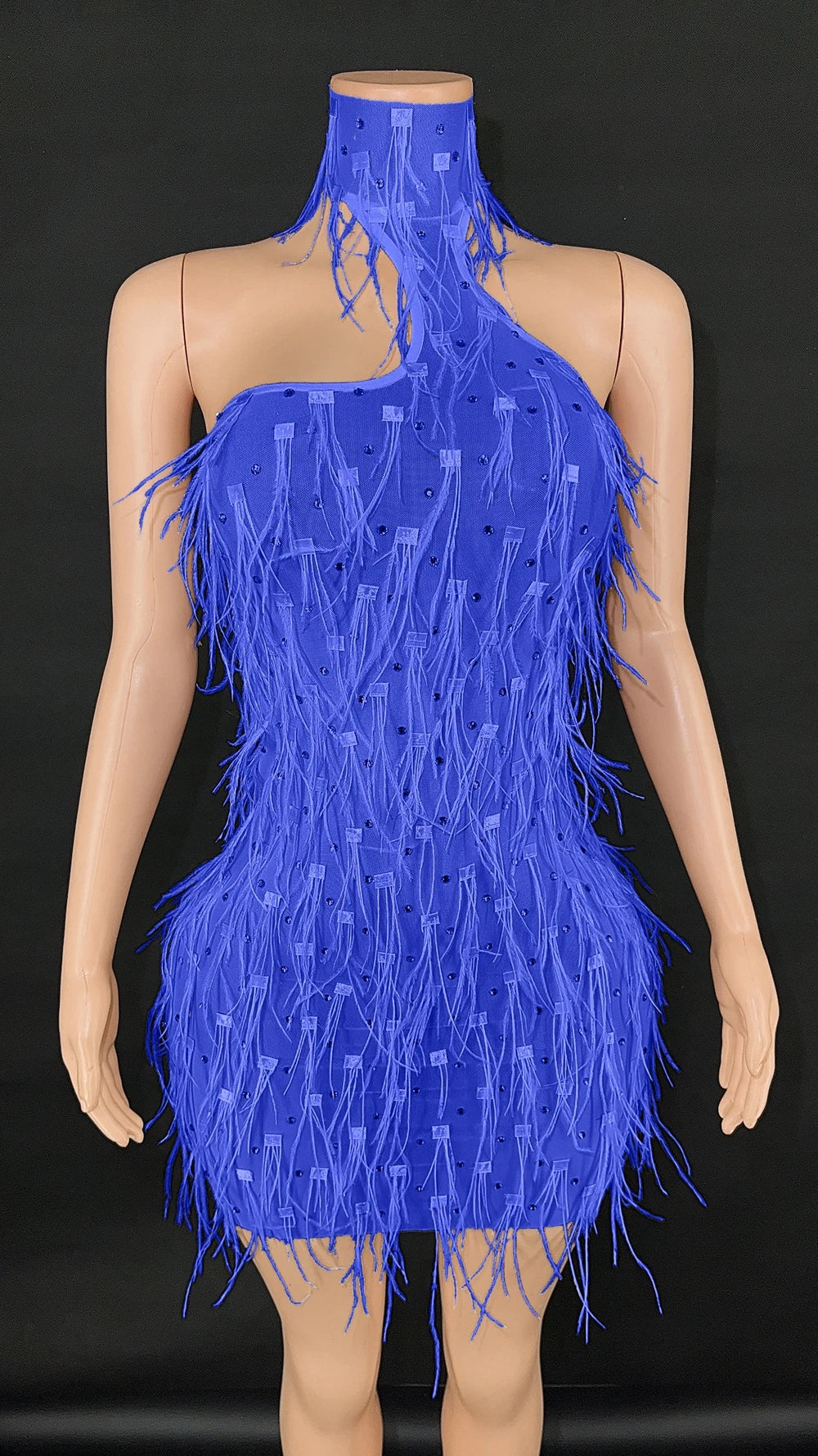 Sparkly Rhinestones White Ostrich Feathers Short Dress Women Sexy Mesh Transparent Celebrate Wedding Birthday Dress Stage Wear