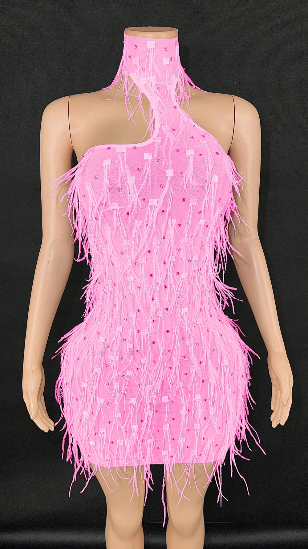 Sparkly Rhinestones White Ostrich Feathers Short Dress Women Sexy Mesh Transparent Celebrate Wedding Birthday Dress Stage Wear