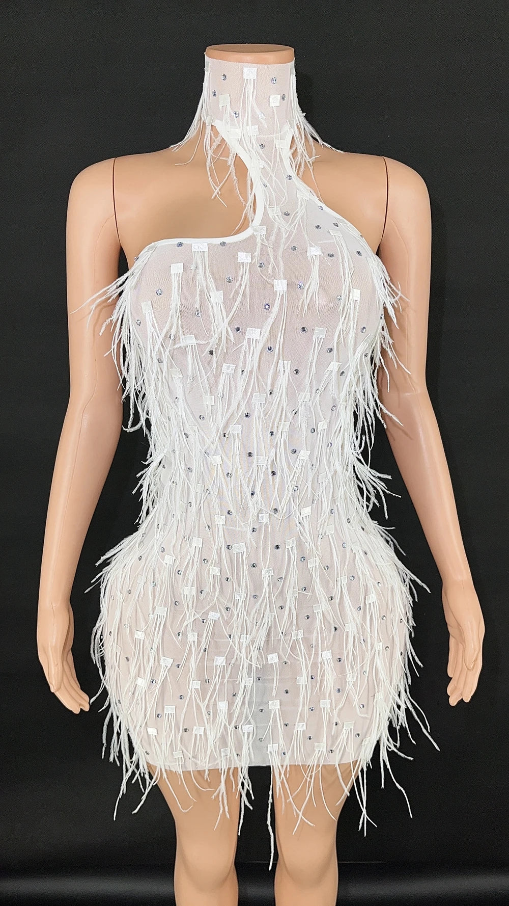 Sparkly Rhinestones White Ostrich Feathers Short Dress Women Sexy Mesh Transparent Celebrate Wedding Birthday Dress Stage Wear