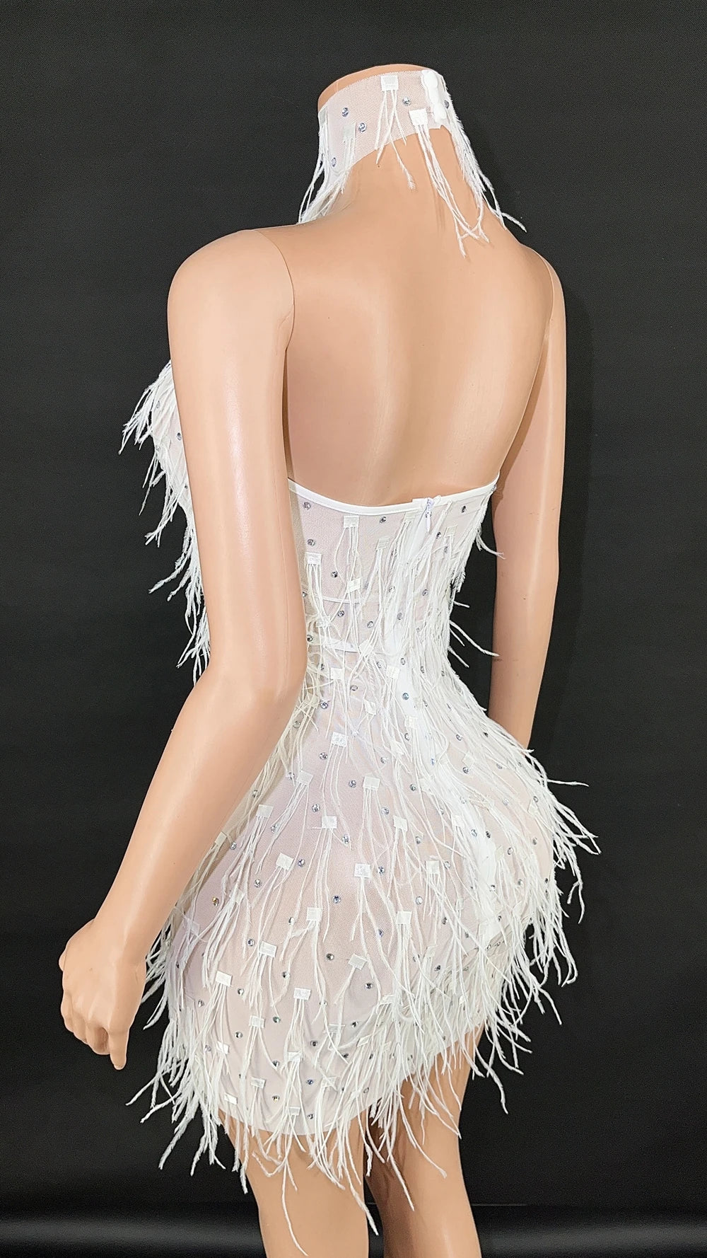 Sparkly Rhinestones White Ostrich Feathers Short Dress Women Sexy Mesh Transparent Celebrate Wedding Birthday Dress Stage Wear