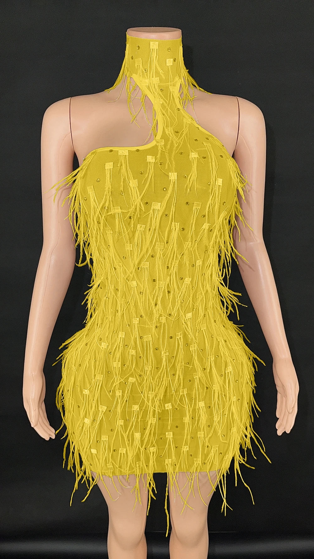 Sparkly Rhinestones White Ostrich Feathers Short Dress Women Sexy Mesh Transparent Celebrate Wedding Birthday Dress Stage Wear