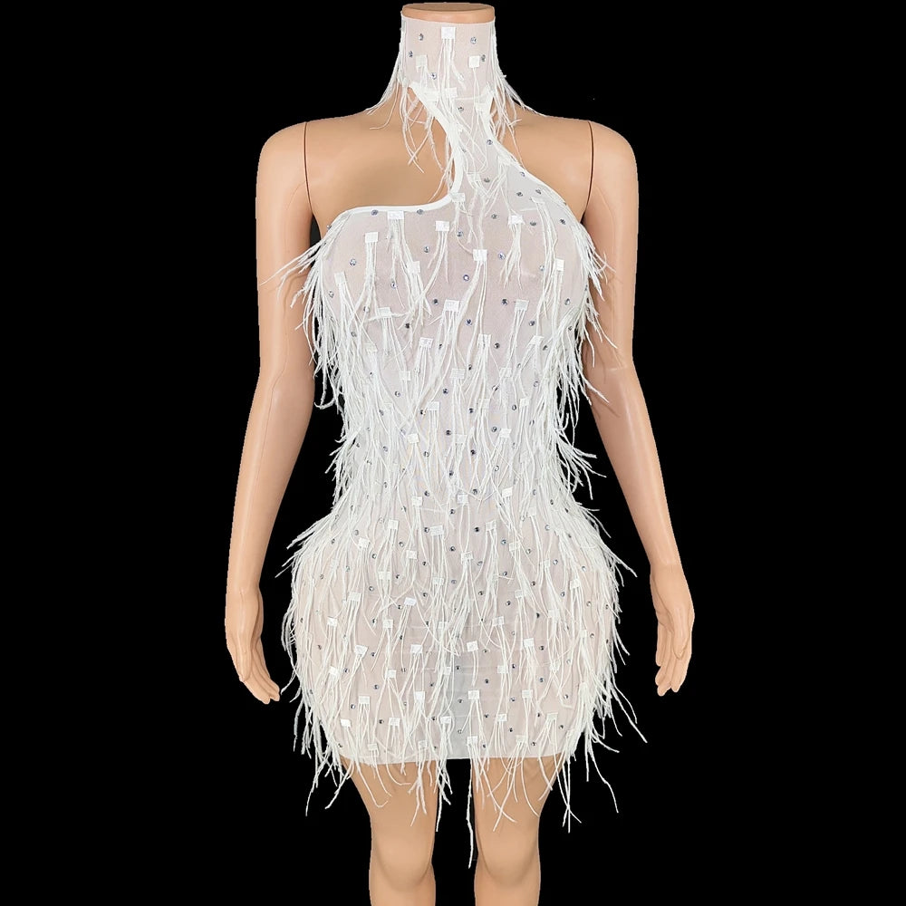 Sparkly Rhinestones White Ostrich Feathers Short Dress Women Sexy Mesh Transparent Celebrate Wedding Birthday Dress Stage Wear