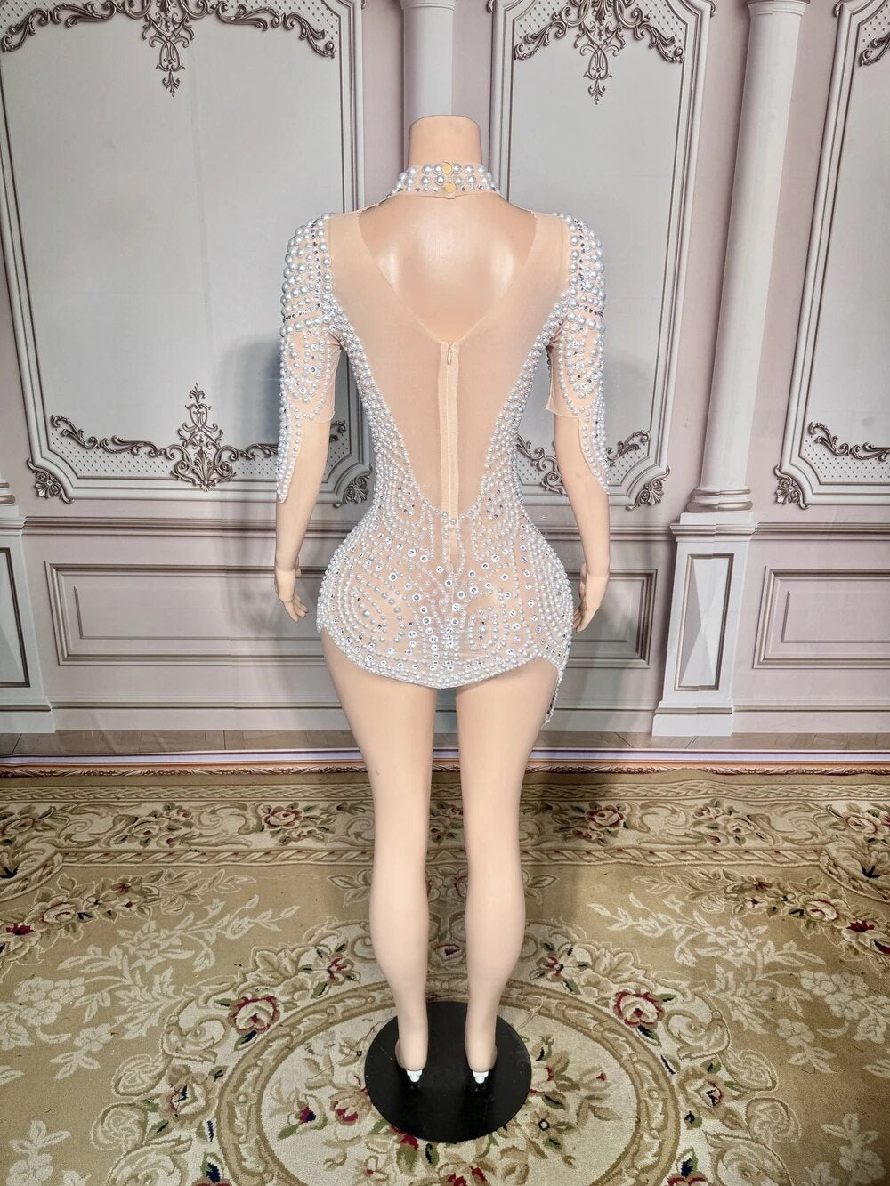 Sparkly Rhinestones White Pearls Short Dress Sexy Mesh Transparent Evening Party Birthday Dress Singer Show Performance Costume