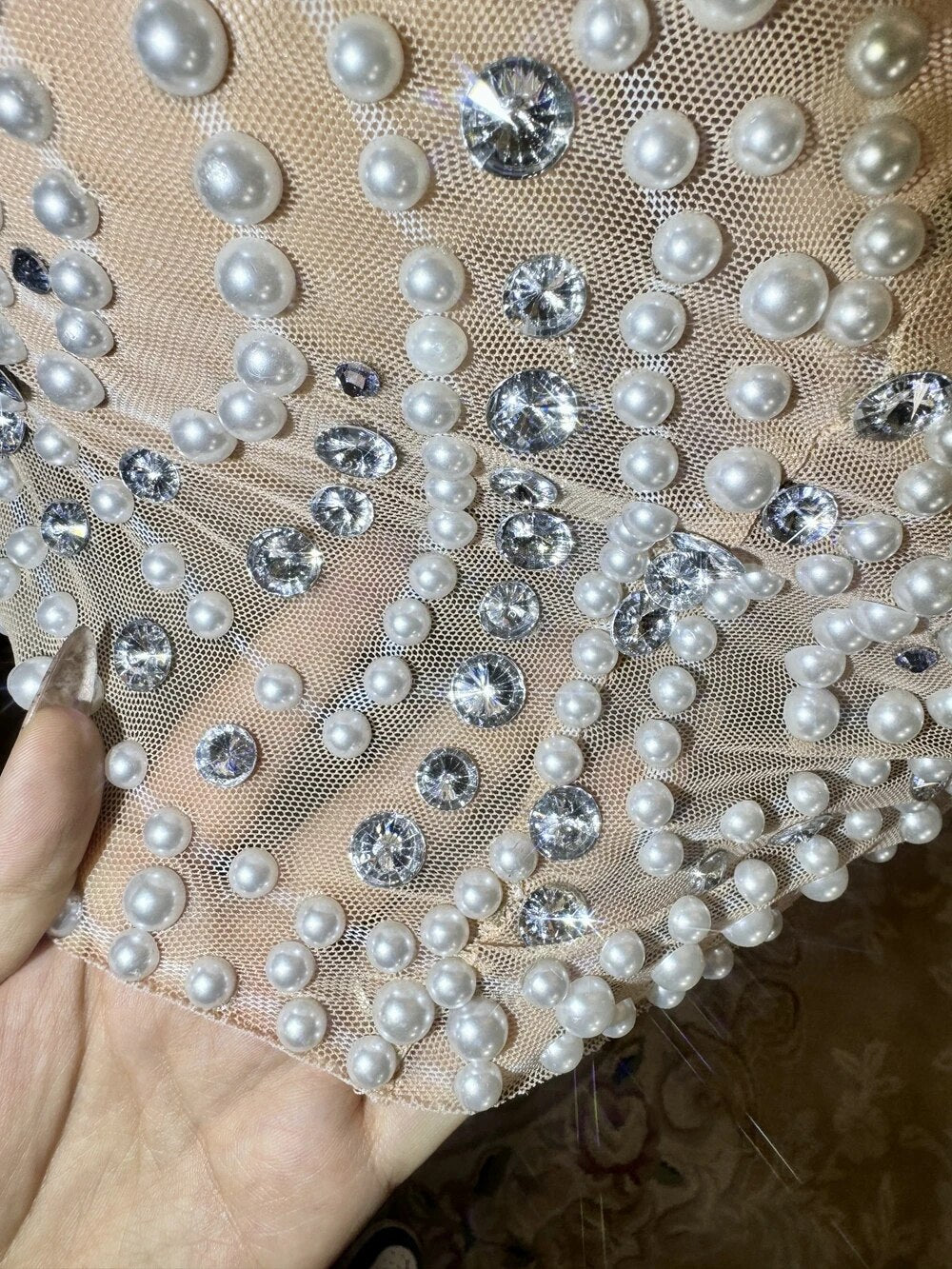 Sparkly Rhinestones White Pearls Short Dress Sexy Mesh Transparent Evening Party Birthday Dress Singer Show Performance Costume