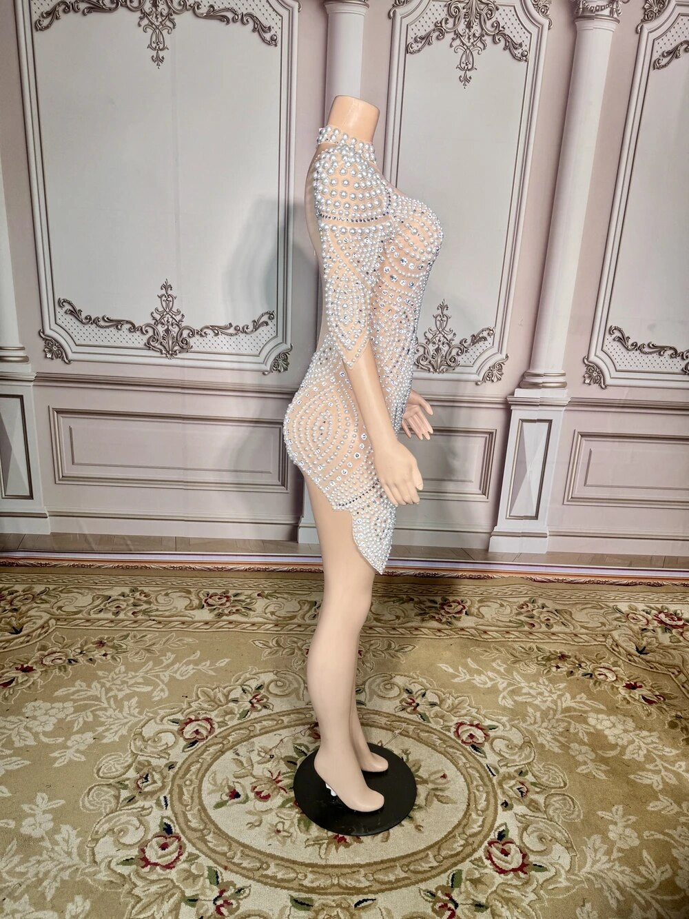 Sparkly Rhinestones White Pearls Short Dress Sexy Mesh Transparent Evening Party Birthday Dress Singer Show Performance Costume