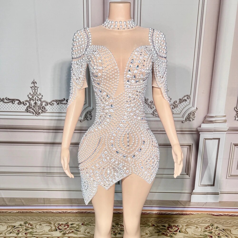 Sparkly Rhinestones White Pearls Short Dress Sexy Mesh Transparent Evening Party Birthday Dress Singer Show Performance Costume