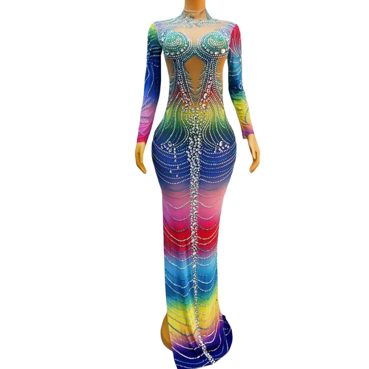 Sparkly See Through African Women Cocktail Dress Colorfol Beads Crystals Floor-Length Prom Dresses Birthday Party Gowns