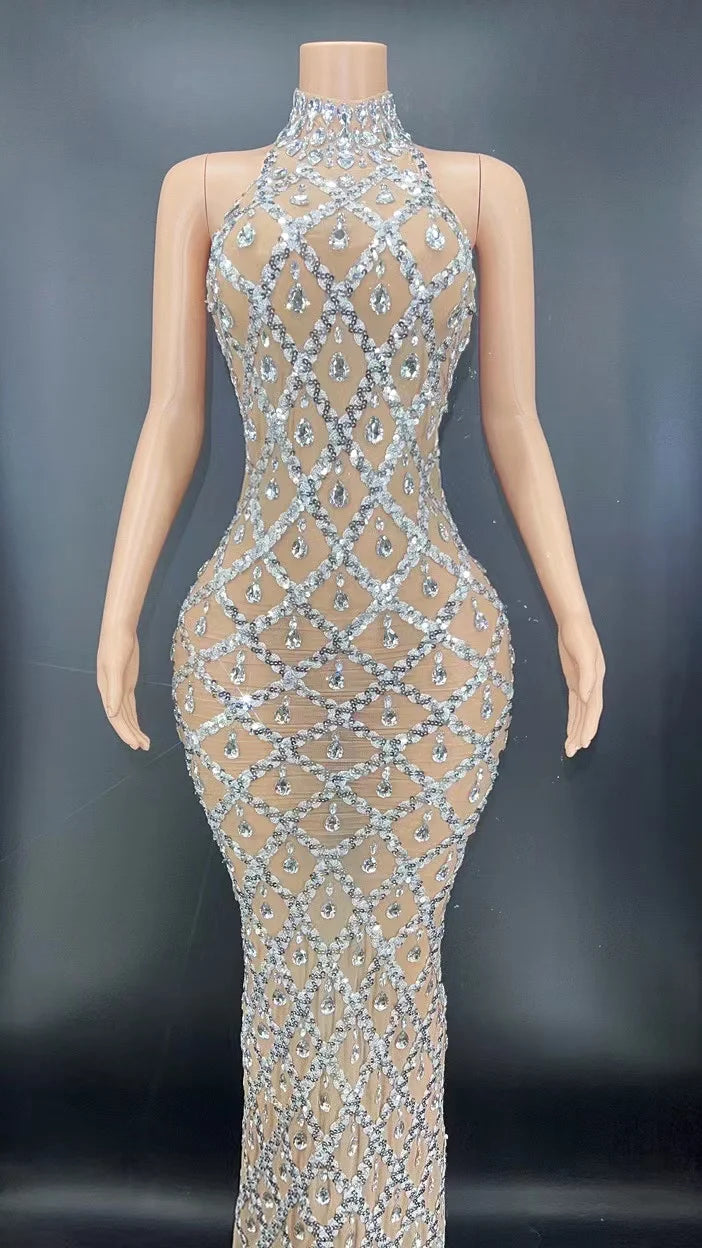 Sparkly Sequins Rhinestones Long Dress Sexy Celebrate Evening Wedding Prom Gown Birthday Dress Photograph Wear Stage Costume