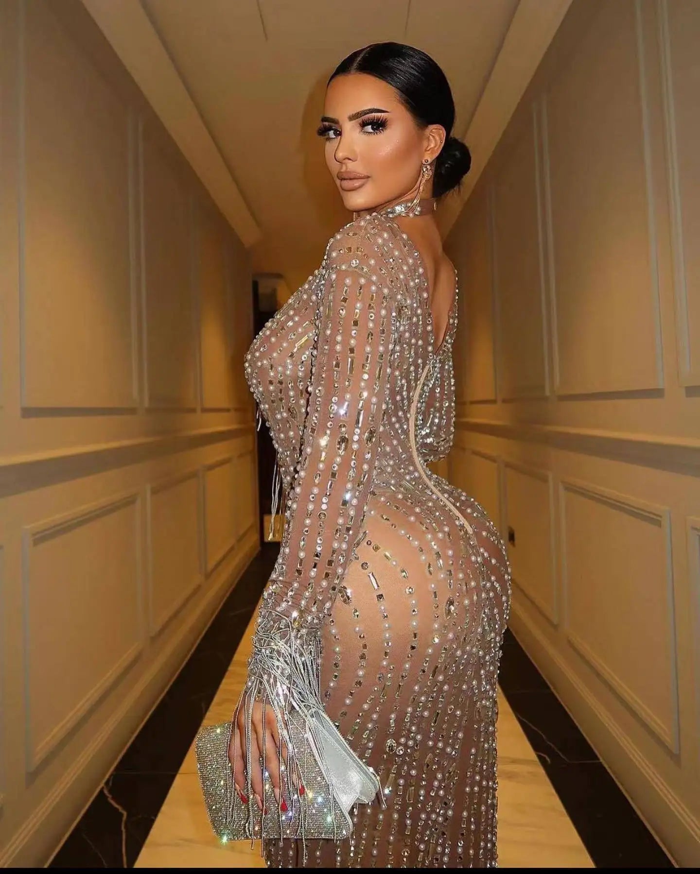 Sparkly Silver Big Rhinestone Transparent Long Dress Evening Birthday Celebrate Luxurious Costume Dancer Flashing Dress