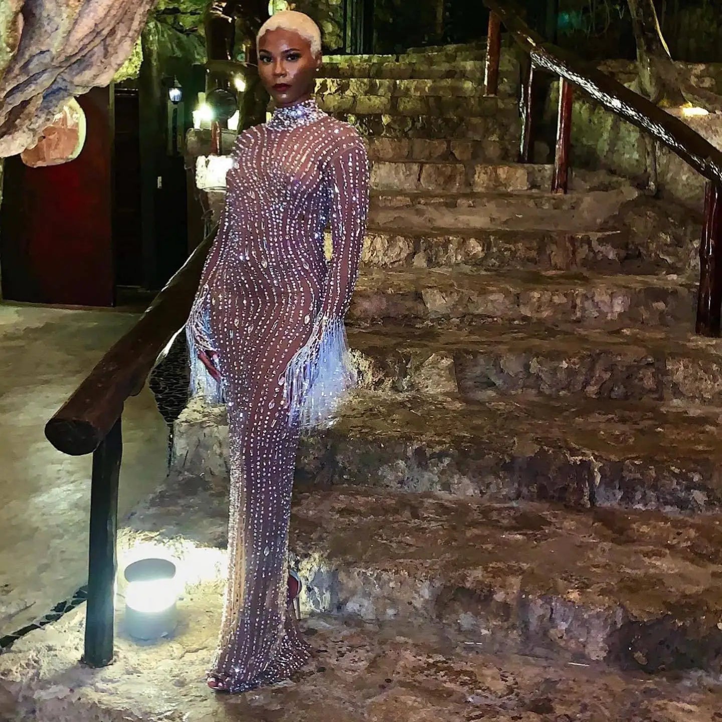 Sparkly Silver Big Rhinestone Transparent Long Dress Evening Birthday Celebrate Luxurious Costume Dancer Flashing Dress