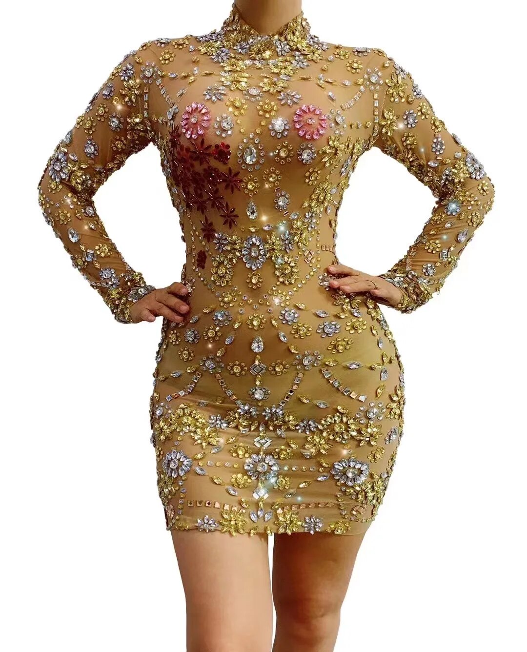 Sparkly Silver Big Rhinestone Flash Transparent Mini Evening Dress