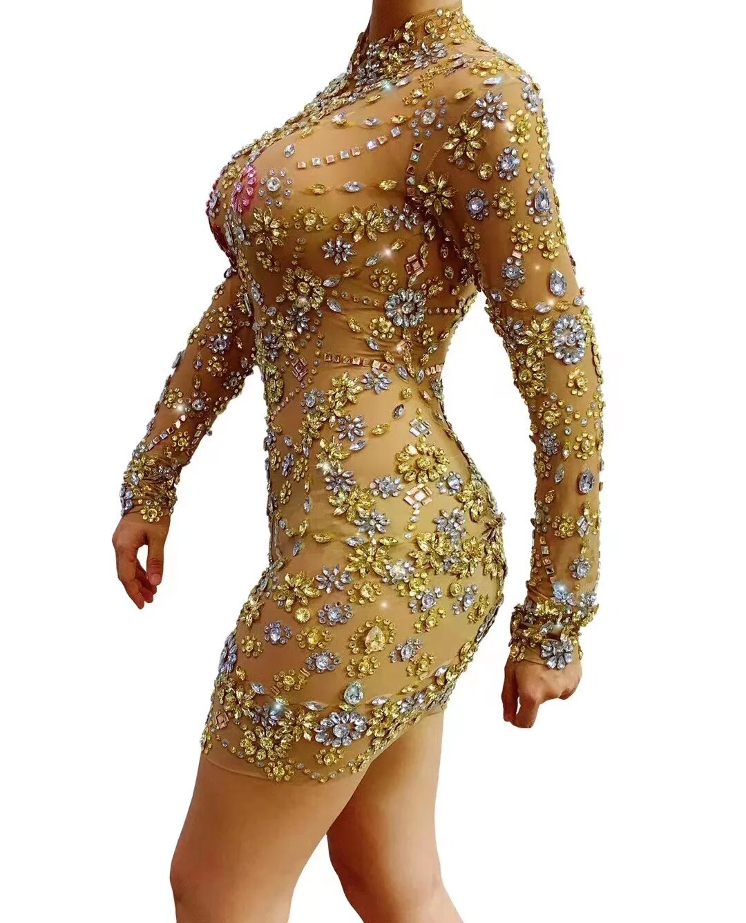 Sparkly Silver Big Rhinestone Flash Transparent Mini Evening Dress