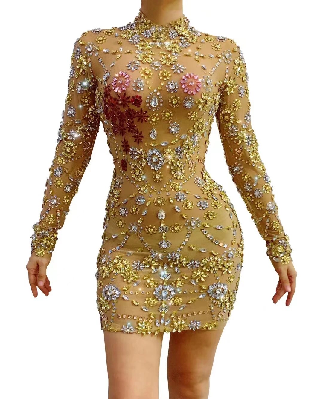 Sparkly Silver Big Rhinestone Flash Transparent Mini Evening Dress